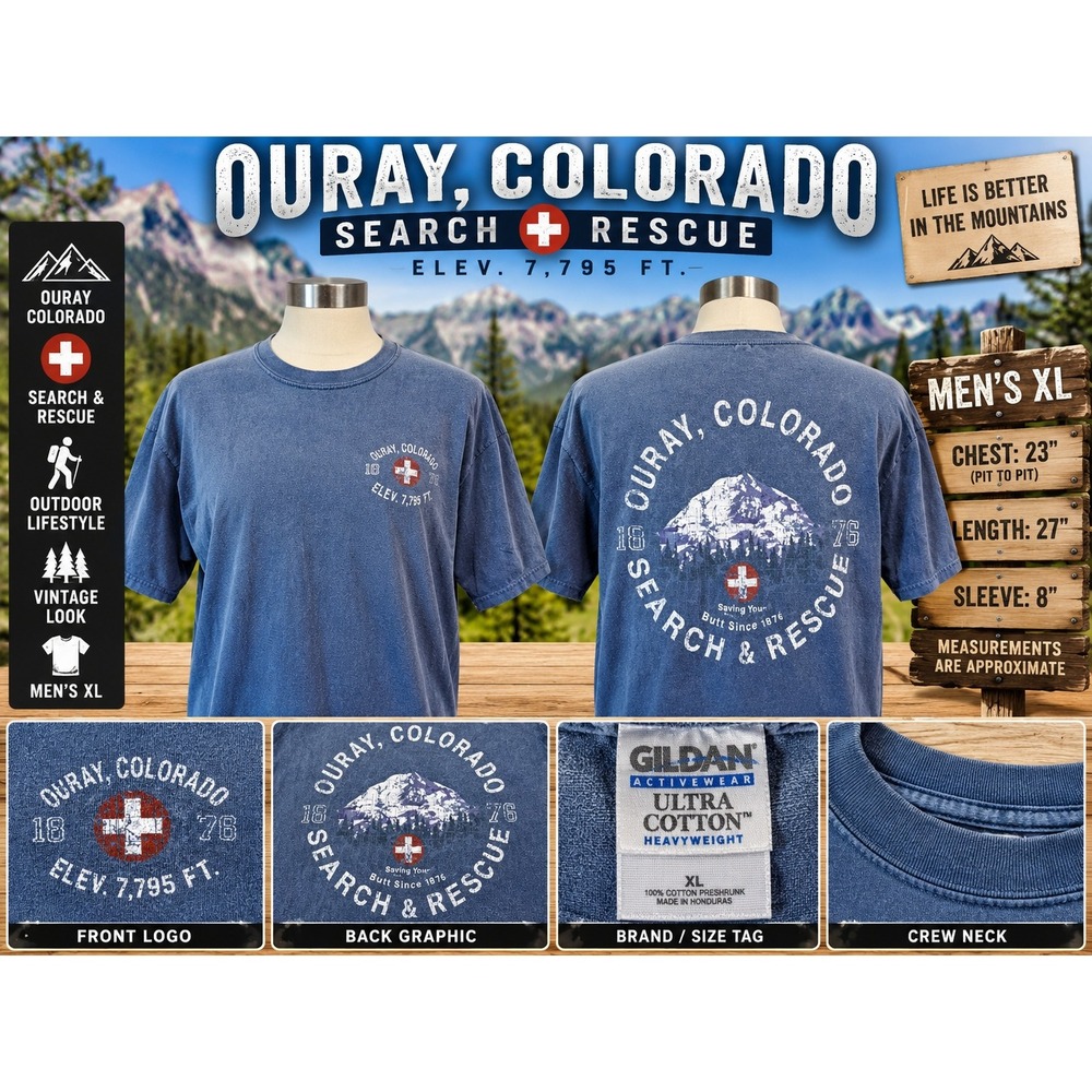 Gildan Ouray Colorado Search & Rescue Graphic T-Shirt Blue Mens XL Heavyweight